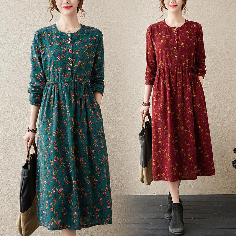 Women's Fall Waisted Cotton and Linen Dress Floral Long-sleeved Thin Long Skirt