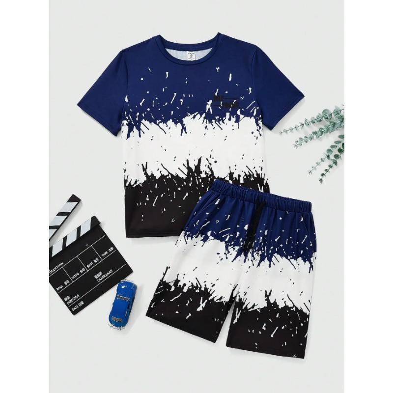 Stylish Summer Junior Alphabet Graphic Color Block T-shirt and Shorts Set