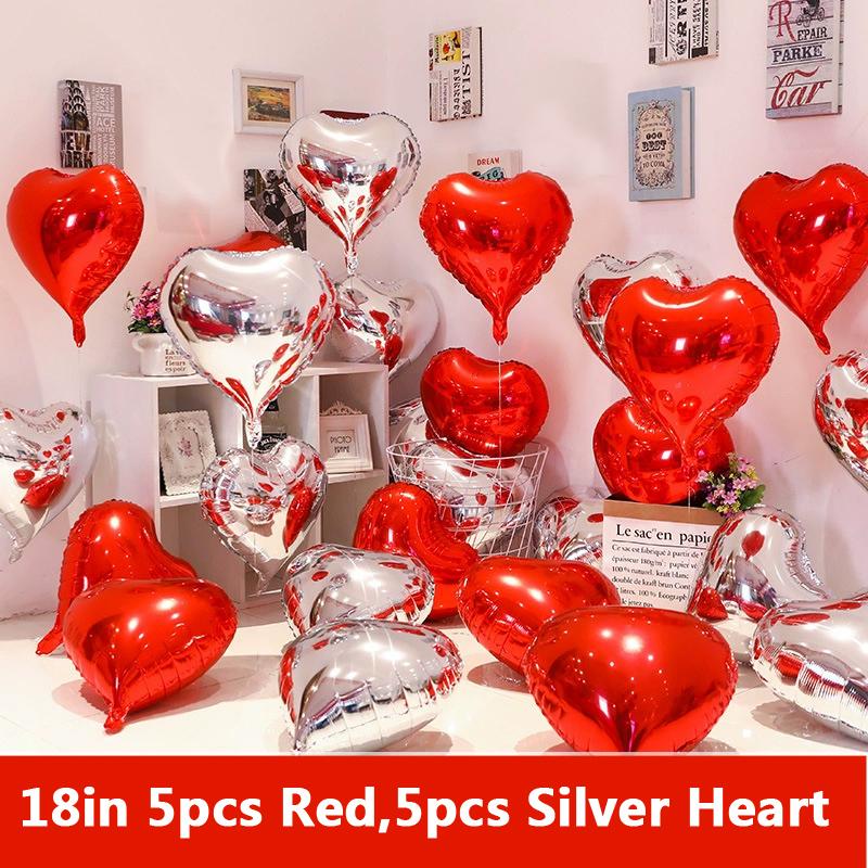 18-Inch Red Love Heart Star Foil Balloons Inflatable Helium Party Decor for Weddings Birthdays Celebrations 5 or 10 Pcs Set