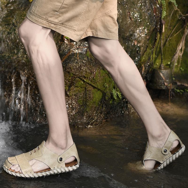 Sommar Herr Stor Storlek 46 Sandaler Herr Trendiga Läder Strandskor Casual Sandaler och Tofflor Herr Utomhus Vattenskor Sydda Skor
