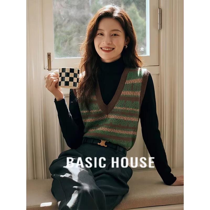 Basic House Women s Striped V-Neck Knitted Vest Sweater M