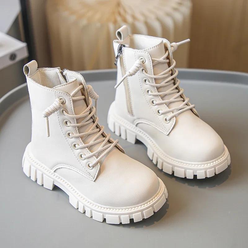 Spring Autumn Girls Ankle Boots Fashion School Kids Leather Boots Thick Bottom Non-slip Children's Platform Causal Boots Black