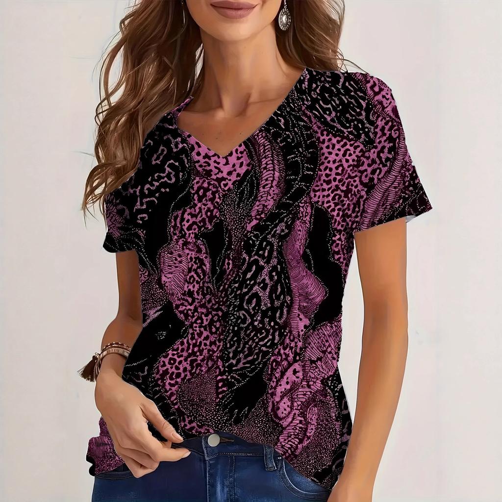 Blumen-Streifen-Print V-Ausschnitt Kurzarm T-Shirt Vielseitiges Bequemes Modisches Lässiges Damen T-Shirt