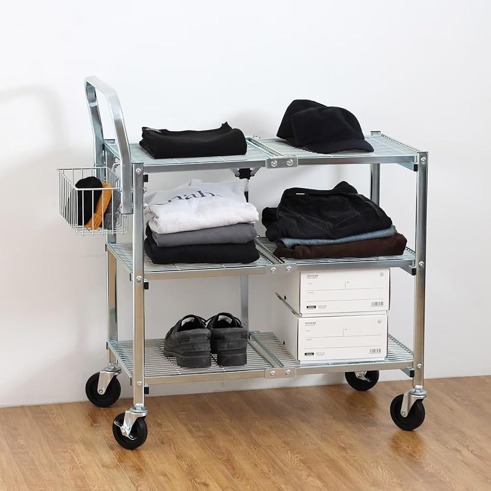 Metal Folding Cart 3 Tier Durable Storage Organizer Lightweight Utility Cart
