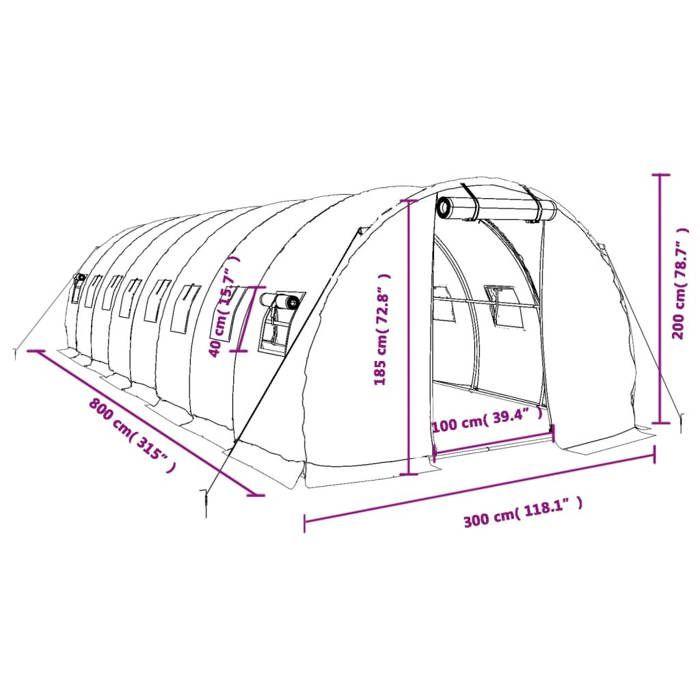 VidaXL Serre avec cadre en acier blanc 24 m² 8x3x2 m, polytunnel, serre à cadre froid, serre pour tomate, serre de jardin, 3188052