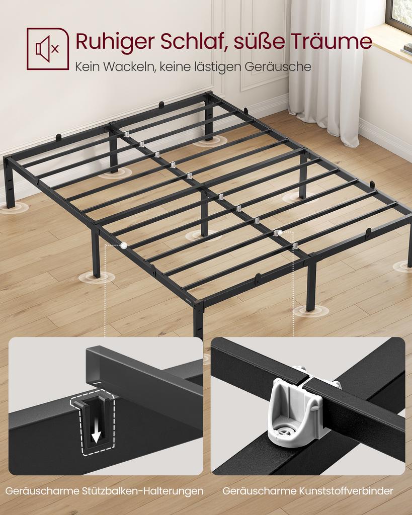 VASAGLE Bed Frame 140 x 200 cm with Metal Base, Metal Frame, Storage Space, Modern, Guest Bed, Easy Assembly, Ink Black RMB134B01
