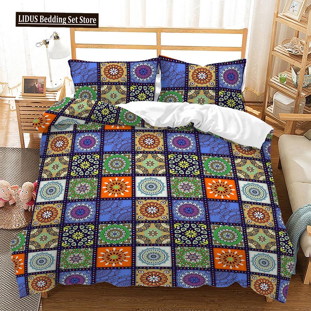 Bohemian Duvet Cover Set 3 Pieces Trellis Striped Ethnic Boho Vintage Quilt King Queen For Boy Girls Teens Polyester Bedding Set