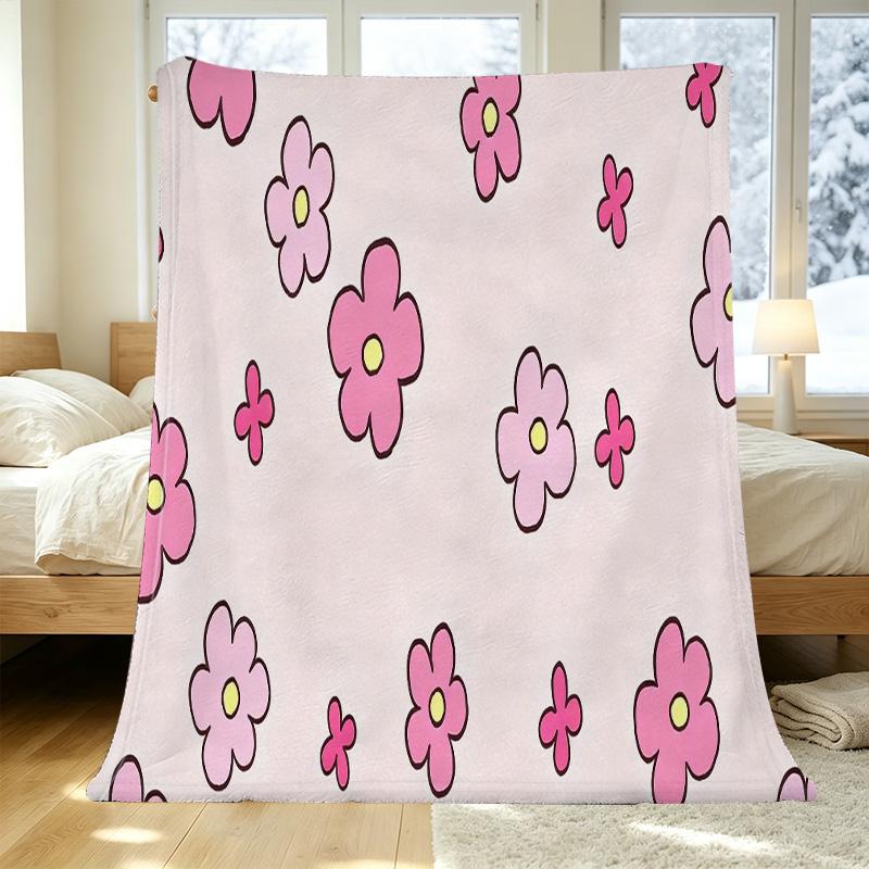 Soft Flannel Fleece Blanket, Breathable Floral Pattern Cozy Throw, Warm Gentle Sofa & Bed Decor, Perfect for Christmas & Halloween