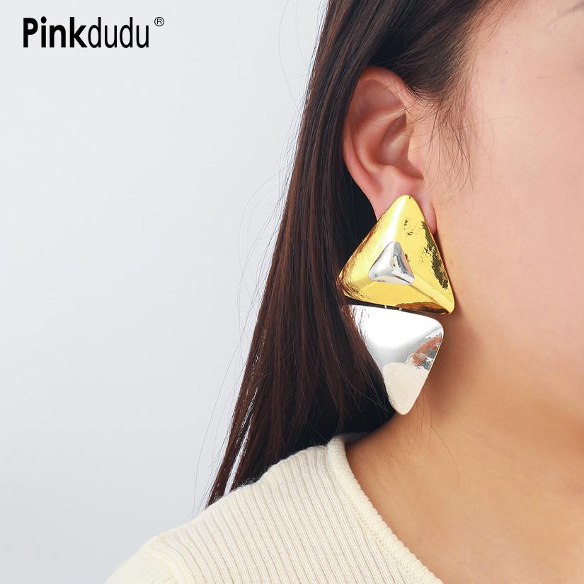 

Pinkdudu Geometric Triangle Zinc Alloy Stud Earrings Exaggerated Minimalist Gold Plated Earring PD2198 срібний