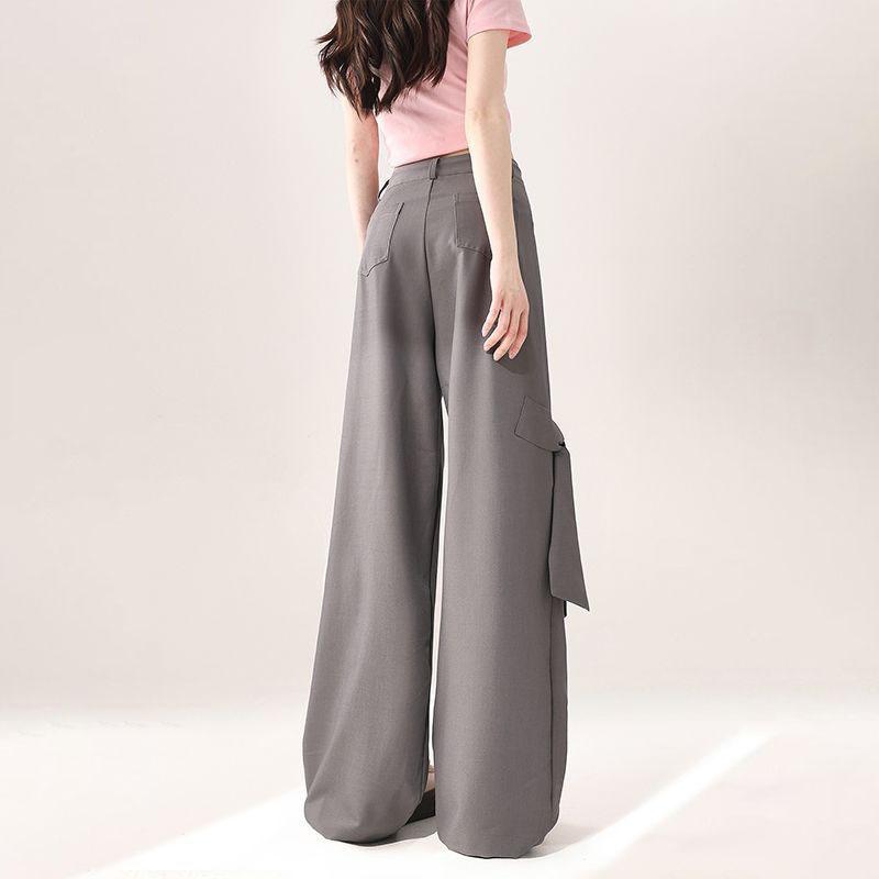 Gray Casual Suit Pants for Women Summer Bowknot Design Straight Advanced Drape Loose Wide Leg Pants