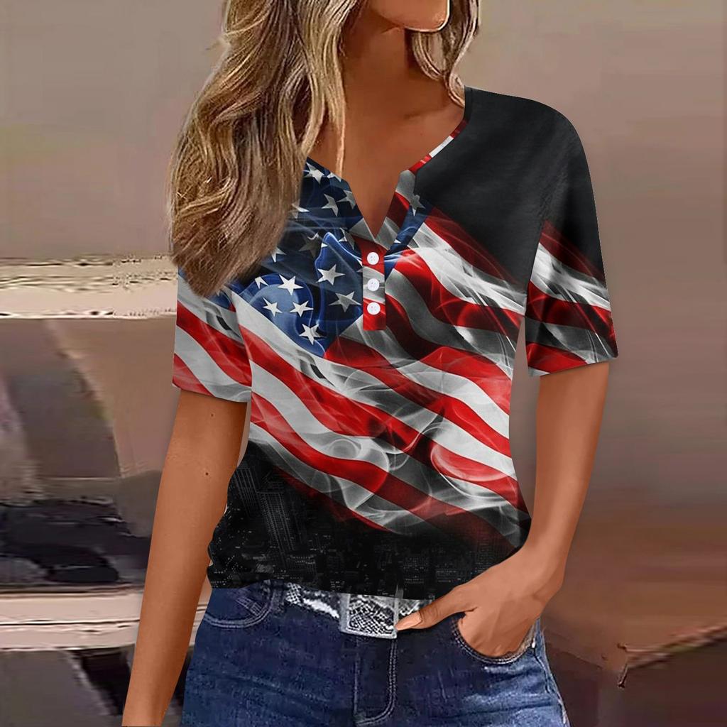 Women's T Shirt Tee Print Button Short Sleeve Daily Weekend Fashion Basic V- Neck Regular Top