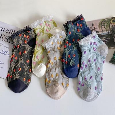 Set 5 Paia Calzini da Donna Carini 3D Floreali Pizzo Corti Moda Primavera Estate Nuovi Streetwear Donna