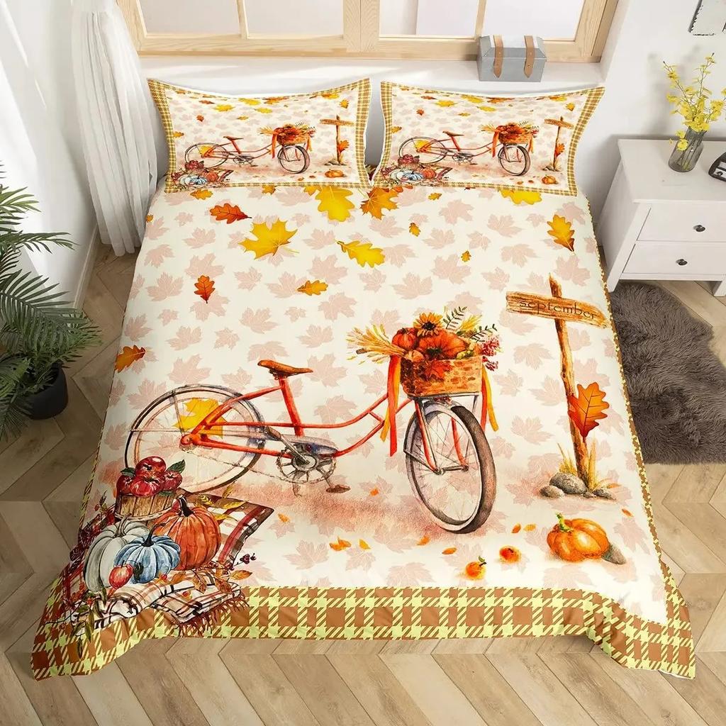 Thanksgiving Pumpkin Duvet Cover Set Maple Leaves Bedding Sets Truck Sunflower Comforter Cover Autumn Harvest Farmhouse Decor