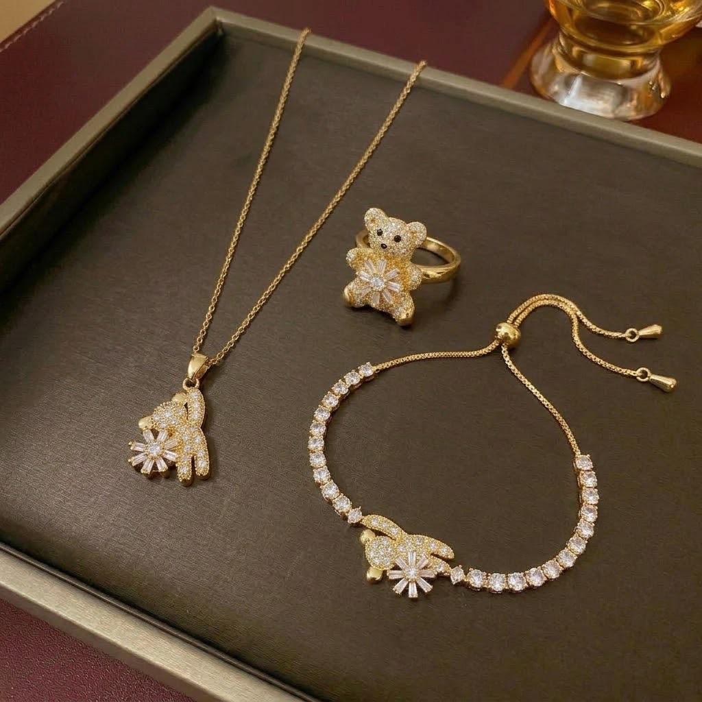 Women's Fashion Necklace & Bracelet Set: Flower Pendant, Diamond Bauhinia Earrings