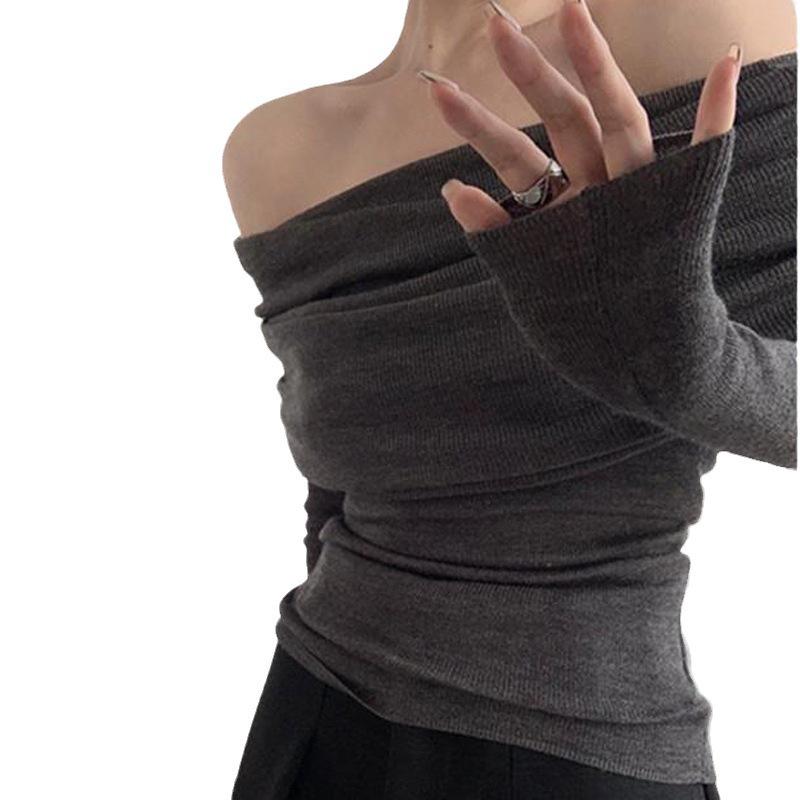 Women's Slim Fit One-Shoulder White Long-Sleeve Sweater, Elegant Pleated Spring Top