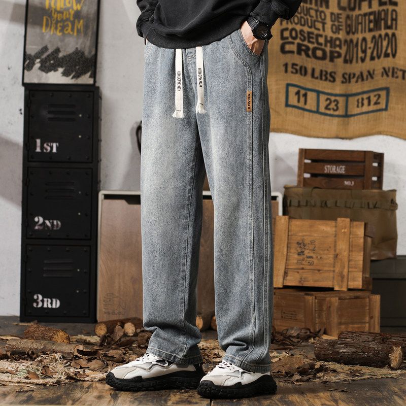 Men s Vintage Loose Straight-Leg Jeans, 2024 Autumn/Winter Wide-Leg Casual American Workwear Pants Retro Blue M