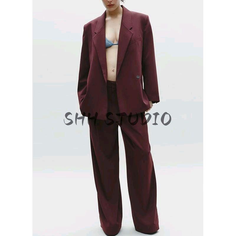 High Waist Strap Decoration Double Pleated Casual Pants 2180403 Double Breasted Loose Casual Suit Jacket 2010738
