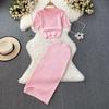 Women's Summer Skirt Set Short Sleeve Crew Neck Crop Top And High Waist Maxi Skirt Set Knitted Two Piece Outfit