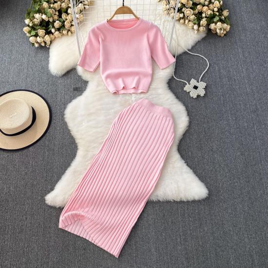 Women's Summer Skirt Set Short Sleeve Crew Neck Crop Top And High Waist Maxi Skirt Set Knitted Two Piece Outfit