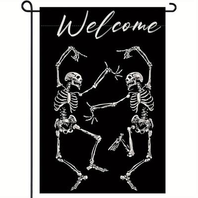 1 Stück Schwarzes Willkommen Halloween Skelett Tanz Gedruckt Geeignet für Halloween Hof Außen Dekoration Kein Fahnenmast 12x18 Zoll