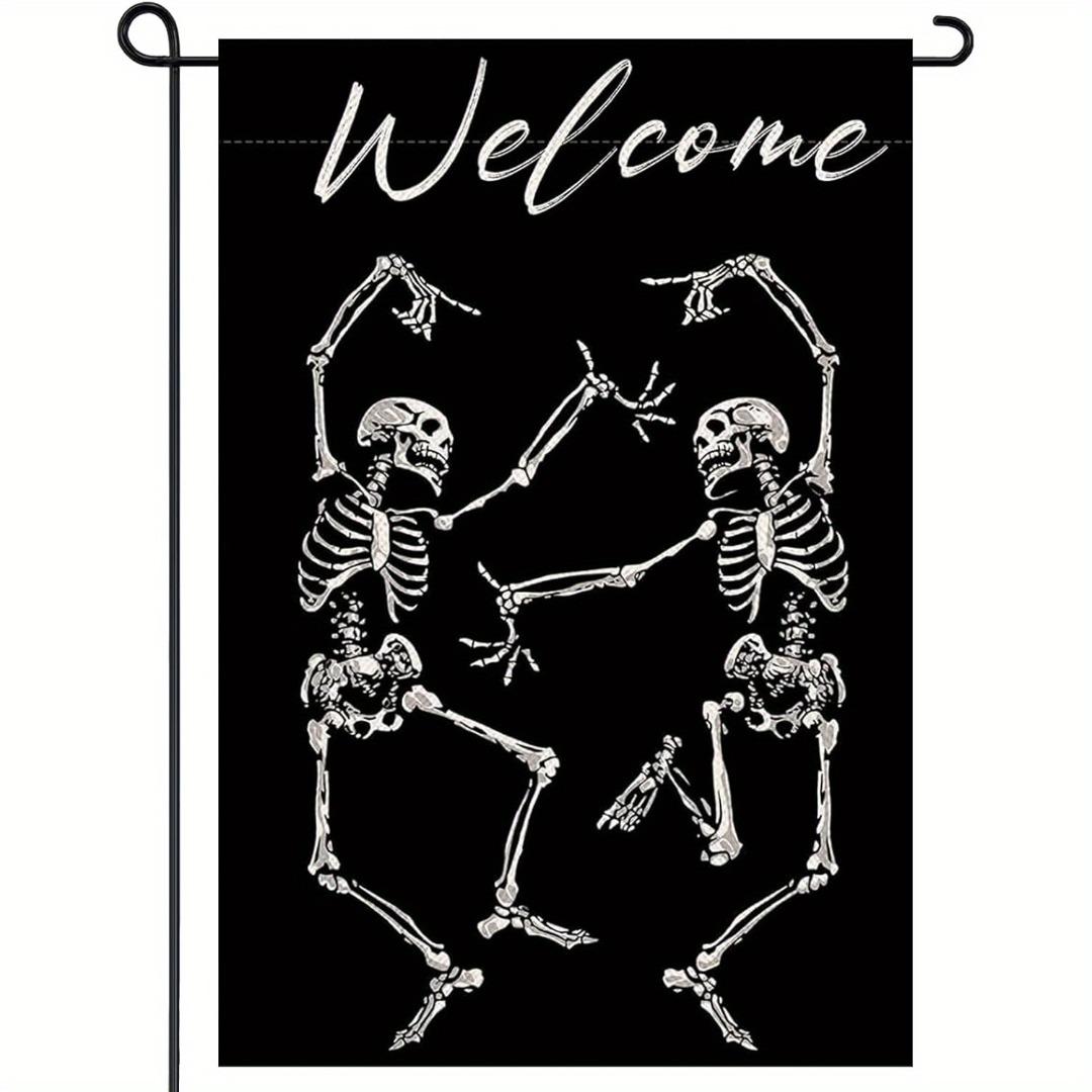 

1pc Black Welcome Halloween Skeleton Dance Printed Suitable for Halloween Yard Outside Decoration No Flag Pole 12X18Inch 30x45