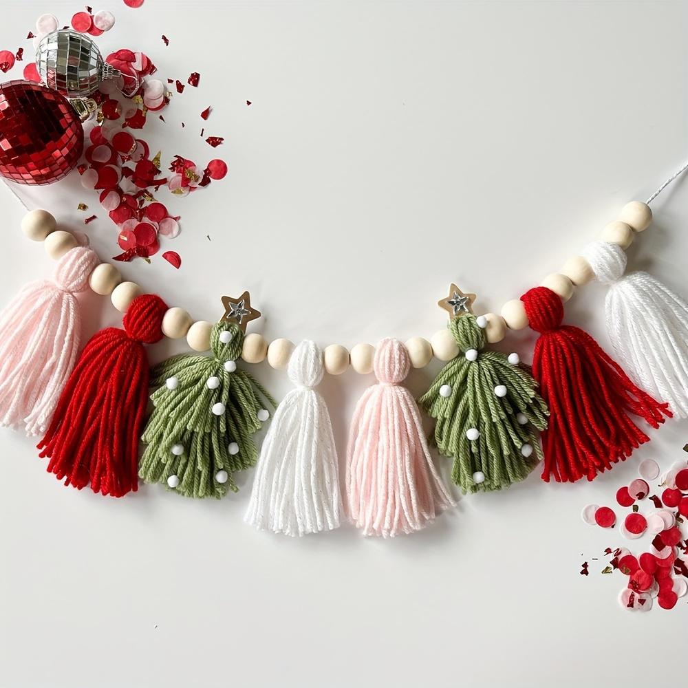 

Christmas Tree Ornament Nordic-Inspired Fleece Beads, Green & Pink Pom-Pom Tassels, Versatile Wall Decor Holiday DIY Decorations L