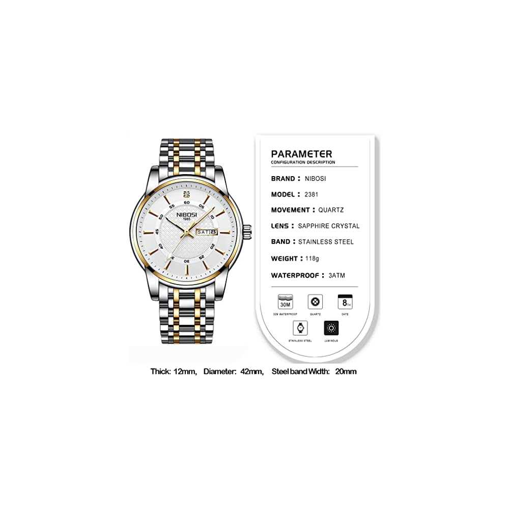 Nibosi Men's Classic Analog Watch Stainless Steel Waterproof Casual Date Display Metal Band White