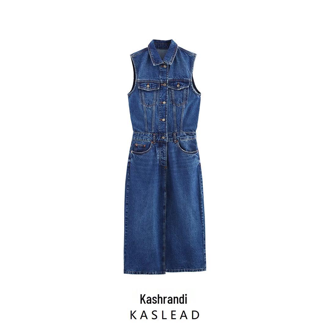 

Spring 2025 Women s European & American Style Sleeveless Slim Denim Midi Dress Extra Small