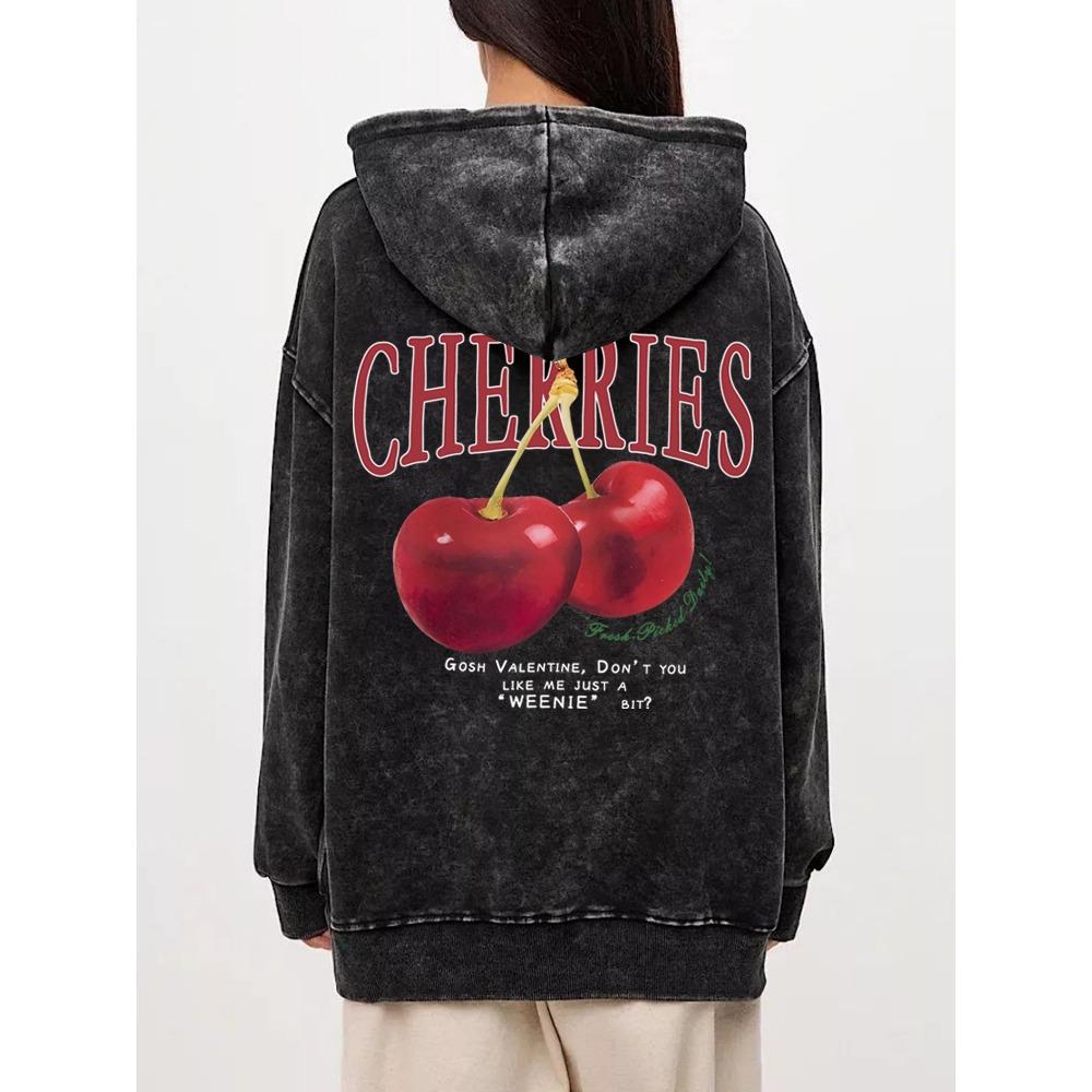 Trend Women Acid Wash Hoodies Fresh Red Cherries Prints Sweatshirts Oversize Pocket Cotton Pullovers Street Female