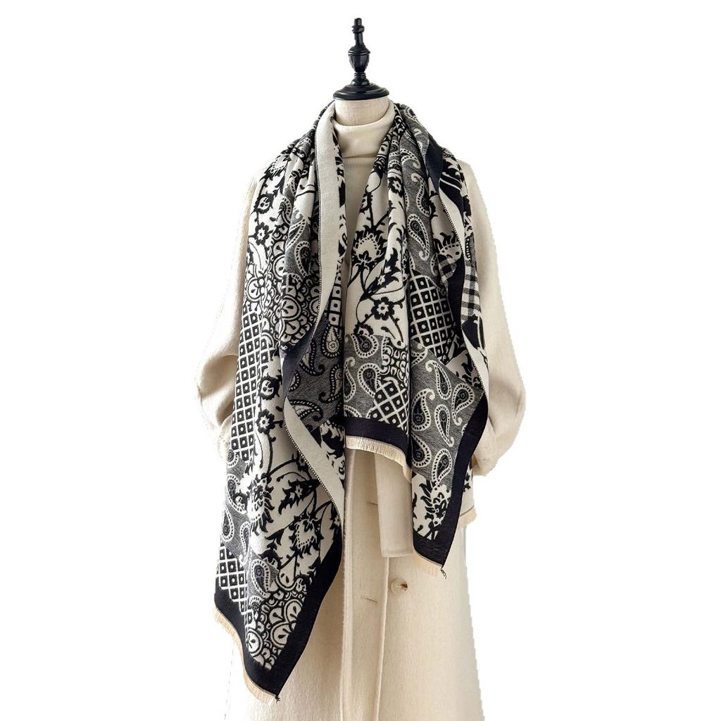 Autumn And Winter Imitation Cashmere Scarf Thickened And Lengthened Flower Scarf Retro Ethnic Style Shawl Dual-Purpose Outer Cover