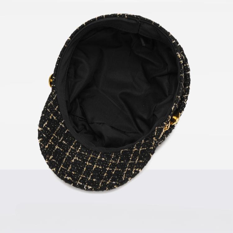 Hat Women's Autumn and Winter New Navy Hat Plaid British Retro Octagonal Hat S Chain Beret