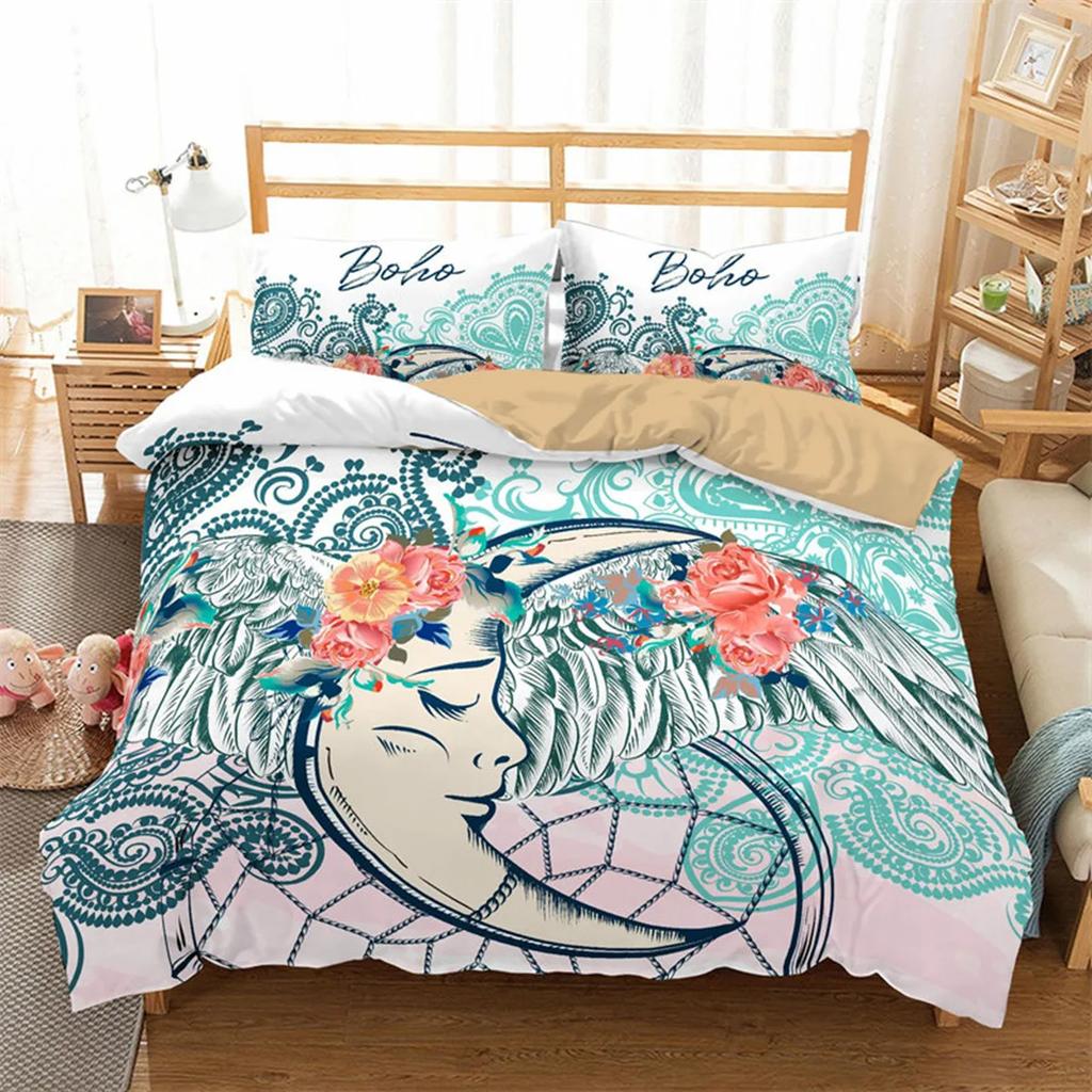 Dreamcatcher Bohemian Mandala Sun Moon and Feather Print Duvet Cover Microfiber Bedroom Decorations for Women Gifts Queen King