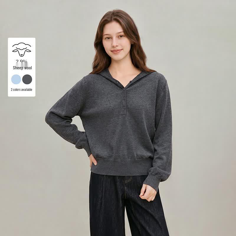 INMAN Women s Half-Placket Hooded Knit Top S