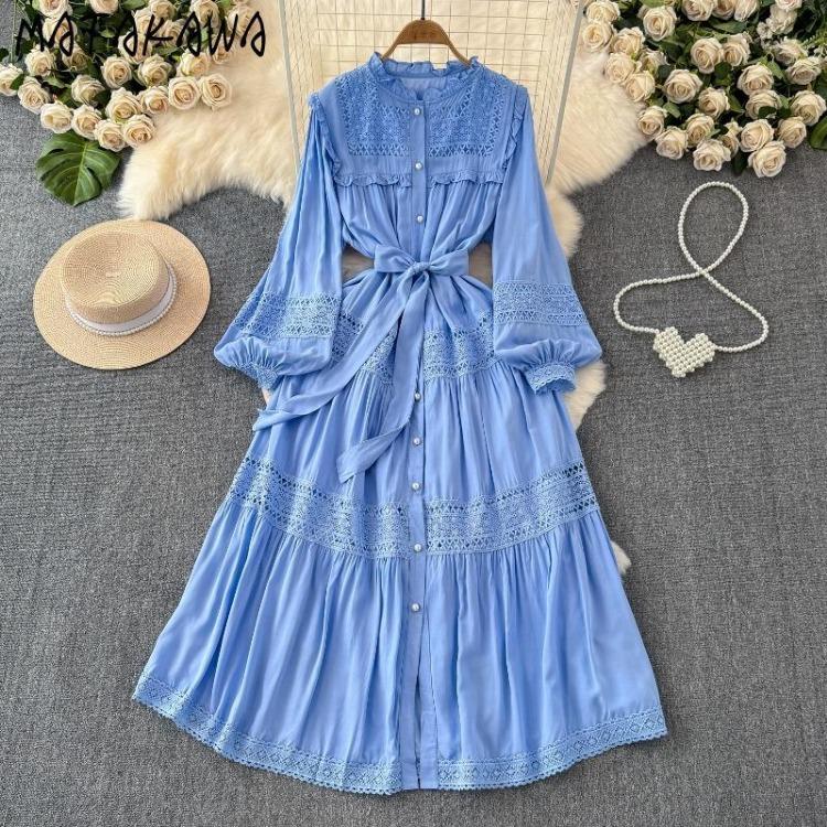Korean Fashion Elegant Retro Lace Puff Sleeve Long Dress Solid Color Single Breasted Ruffles Bow Autumn Women Dress