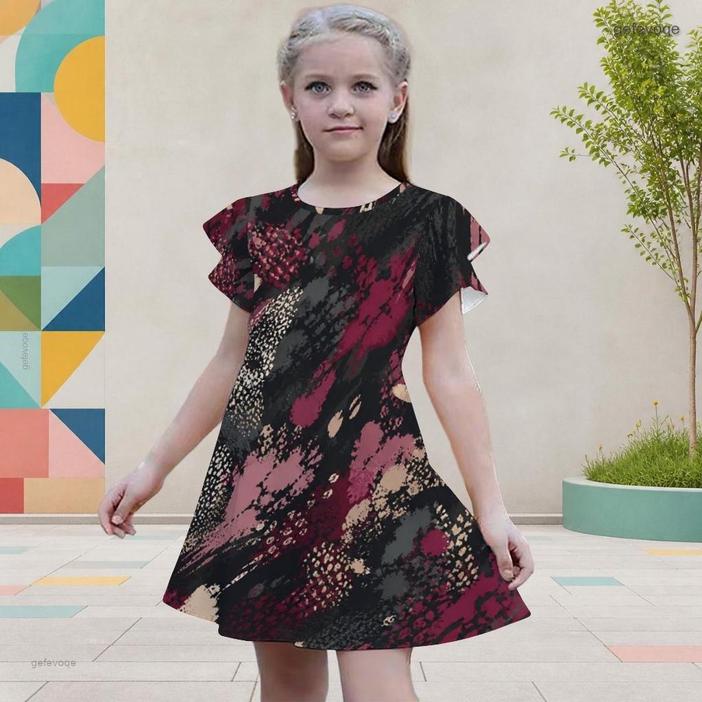 Girls Round Neck Flutter Sleeve A Line Flared Hem Printed Dress