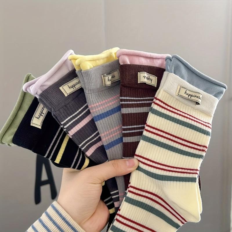 5-Pair Women's Striped Mid-Calf (tube) Socks Suitable for Fall/Winter - Warm Casual Casual Attire with Lettered Fabric Label Splicing