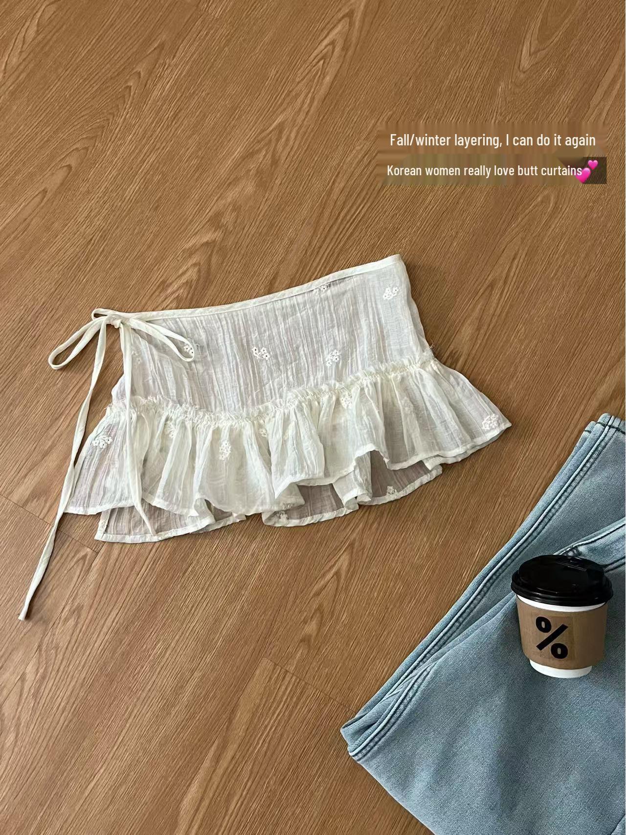 

Корейская юбка миди с цветочным принтом: Маленькое А-силуэтное платье, многослойная баска, универсальный дизайн с завязками для осени/зимы One Size бежевый