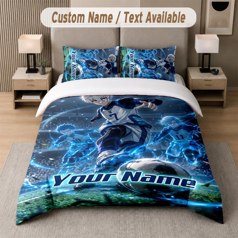 Blue Lock 3Pcs Bedding Set, Personalized Custom Name Text, 1 Duvet Cover & 2 Pillowcases For Bedroom