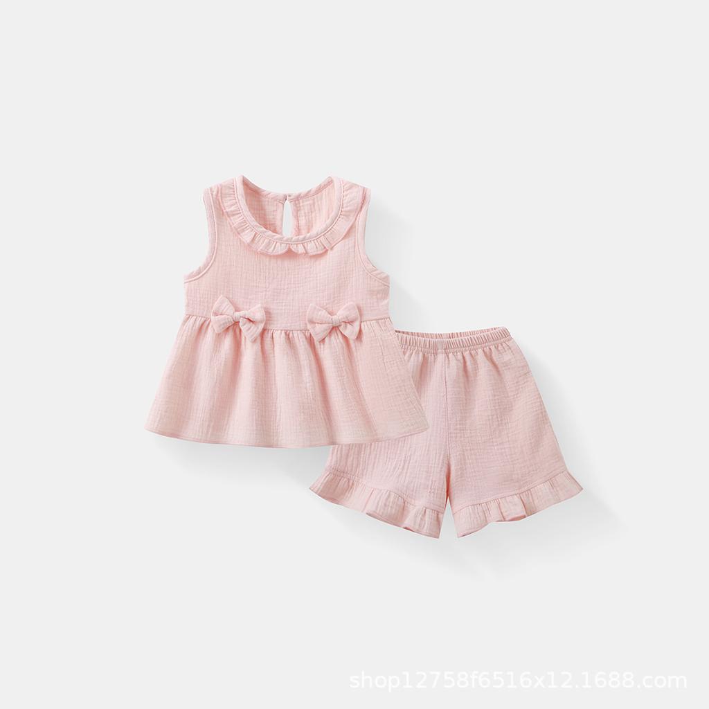 Girls Cotton Crepe Vest Set Sweet Bow Top With Ruffled Shorts Casual Fashionable Two Piece Outfit For Kids