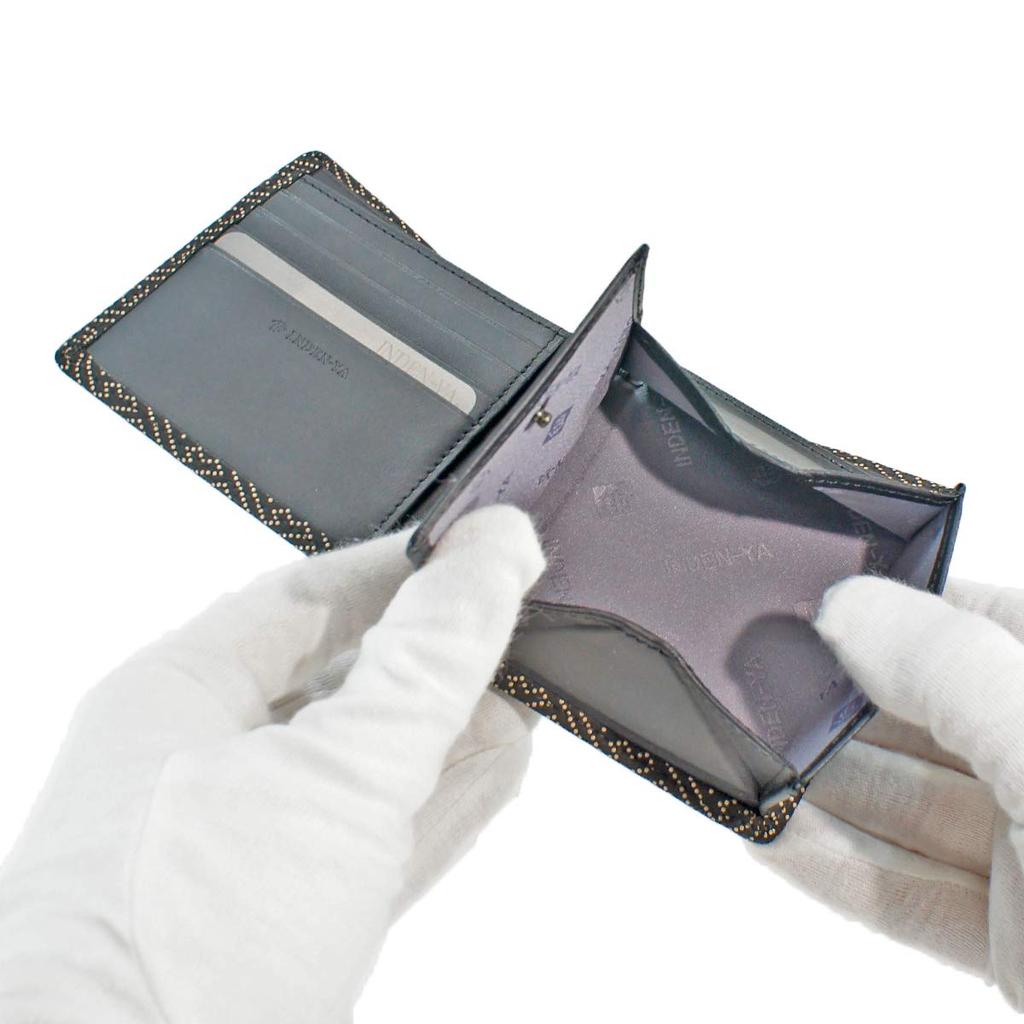 [Inden-ya] Inden Bifold Wallet with Small Bill Compartment and Box-Shaped Coin Purse, Deerskin Leather, Black with White Lacquer, Saaya Pattern,