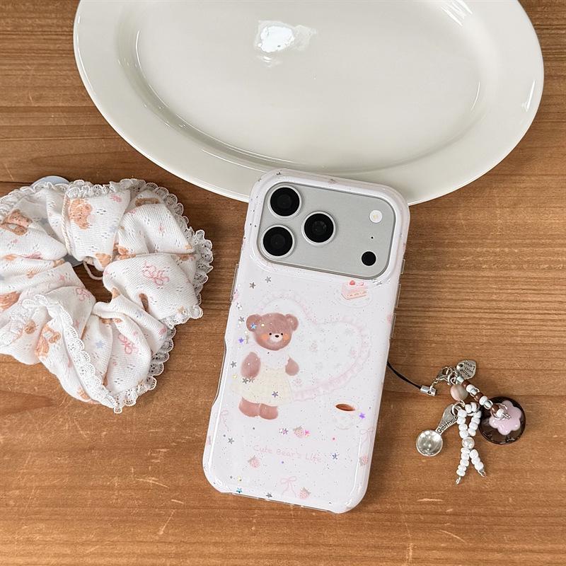 Japanese Korean Pink Strawberry Bear Heart iPhone 17/16ProMax/15/14 Girly Phone Case