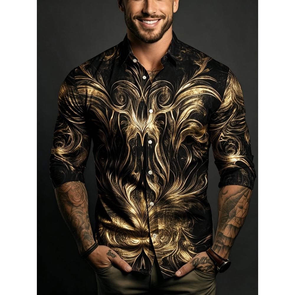 Men's Symmetrical Fluid Pattern Printed Long Sleeved Shirt with Lapel Buttons, Nightclub Party Trendy Men's Top