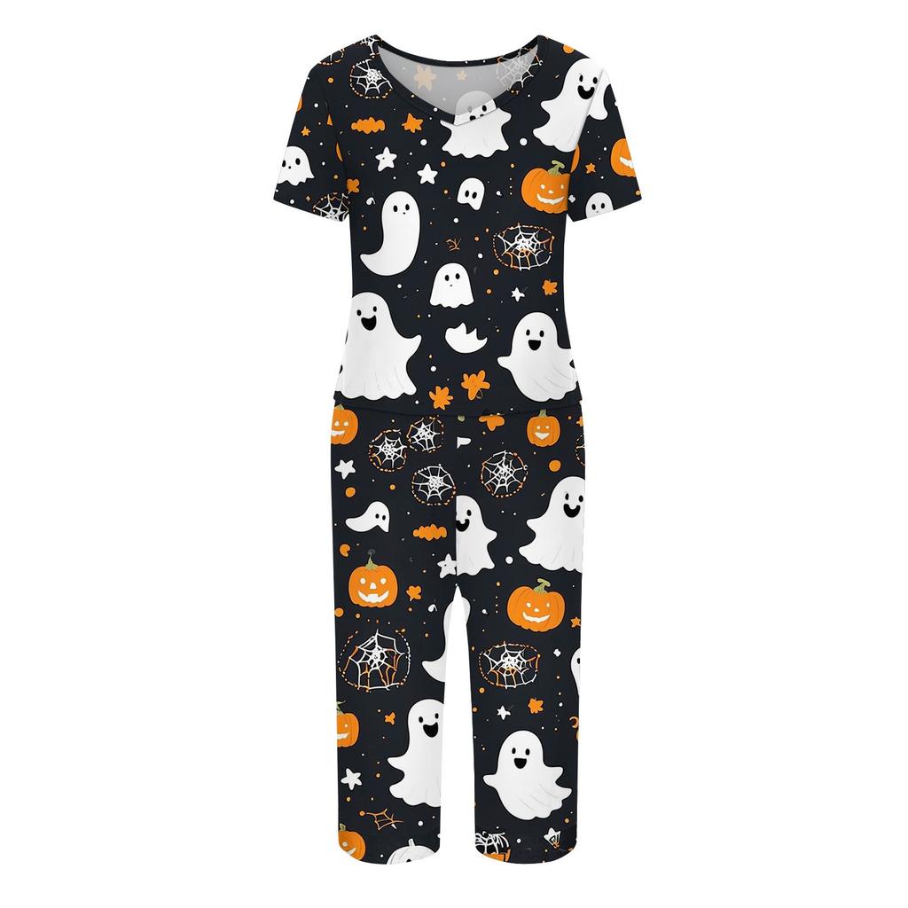 Dvoudílné soupravy pro ženy Krátký rukáv Top a Kalhoty s kapsami Cvičení Měkké Halloweenský potisk Soupravy