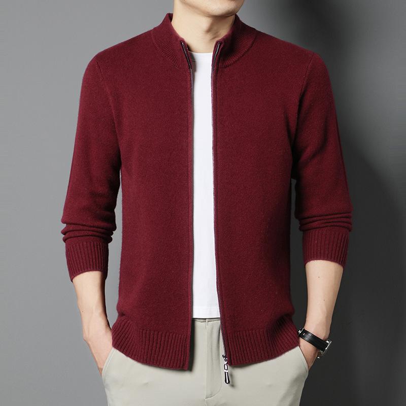 100% Wool Thickened Pure Wool 530G Men'S Middle-Aged And Young Leisure Business Long Zipper Cardigan