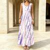 White Base Purple Pink Diagonal Brush Stripe Polka Dot Print Sleeveless Round Neck Maxi Dress, Loose Flowy Beach Vacation Long Dress For Women