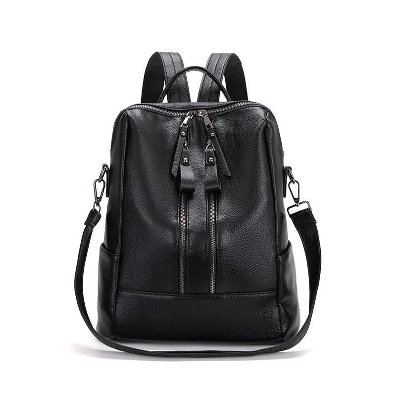 IELGY Ladies Backpack Double Zipper Solid Color Retro Large Capacity School Bag
