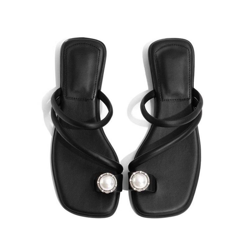 Summer Narrow Band Women Slipper Fashion Metal Decoration Low Heel Slip On Ladies Elegant Slides Casual Outdoor Beach Flip Flop