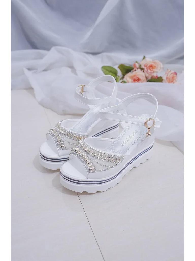 Γυναικεία Καλοκαιρινά Σανδάλια Σφήνα - Στρας, Με Μονό Κούμπωμα, Σχέδιο Peep Toe