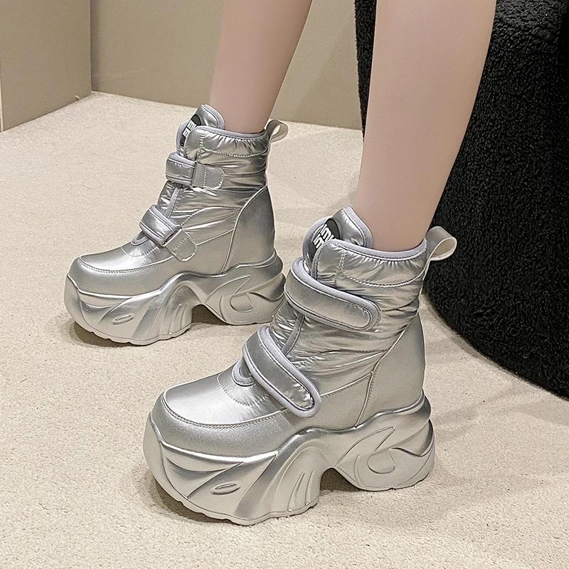 Winter Women's Fur Snow Boots Keep Warm Chunky Short Boots Outdoor Plush Mid-calf Shoes 9CM Platform Anti-skid Leather Sneakers