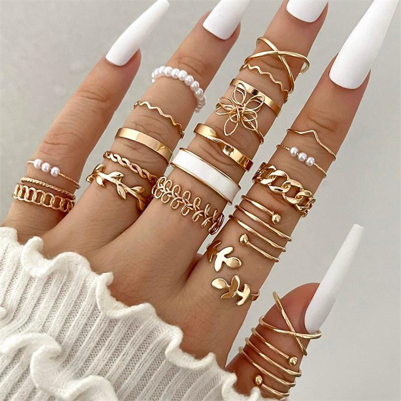 

New Fashion Boho Geometric Pearl Knuckle Rings Set for Women Gold Silver Color Wave Leaf Zircon Heart Ring Party Jewelry Gift